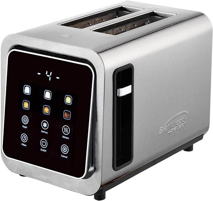 Brentwood TS-228DS Touch Screen 2-Slice Digital Toaster with Extra Wide Slots 6 Shade Settings Bagel Cancel Defrost and Reheat Functions Stainless Steel