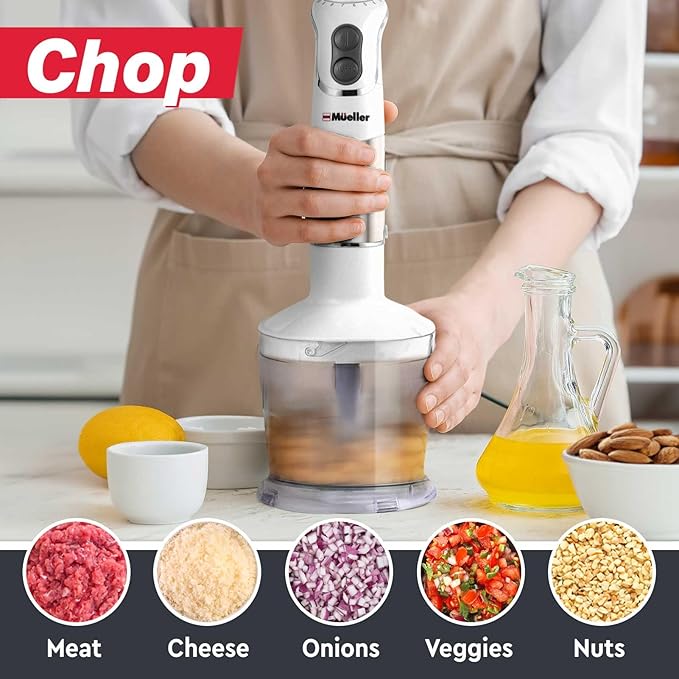Mueller Multistick 800W 5-in-1 Immersion Blender Handheld 12 Speed Hand Mixer - Turbo Boost Heaviest Duty Copper Motor Titanium Blades Blenders for Kitchen Milk Frother Wand Whisk White