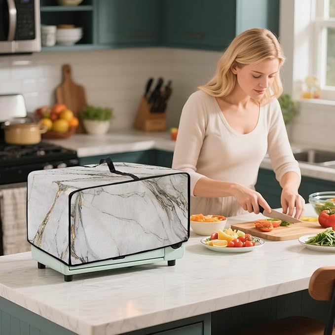 Toaster Oven Dustproof Cover Waterproof Bread Machine Protector with Handle Top Universal Fit Decorative Small Appliance Cover Gift White Marble - M