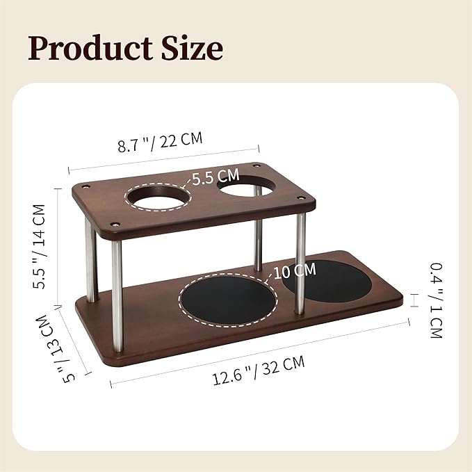 Pour Over Coffee Station Solid Sapele Wood &amp Stainless Steel Dual Dripper Stand Coffee Organizer (Dark Wood)