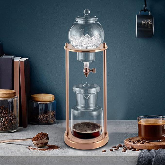 600ml Drip Coffee Maker Siphon Coffee Pot Stainless Steel and Borosilicate Glass Coffee Pot Maker with Stand for 6-8 People Gold