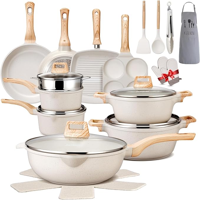 AOSION 27PCS Pots and Pans Set Nonstick Ceramic Cookware Set Healthy Kitchen Cooking Set with Gloves Apron Silicone Tools &amp Pot Protectors Oven &amp Dishwasher Safe PFOA/PFOS FreeIvory