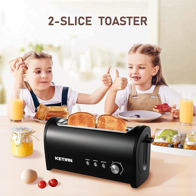 Long Slot Toaster with Cover 2 Slice 1.65'' Extra Wide Slot Stainless Steel Toasters with Reheat Defrost Cancel Functions6 Shade Settings Single Slim Bread ToasterRemovable Crumb TrayMatte Black
