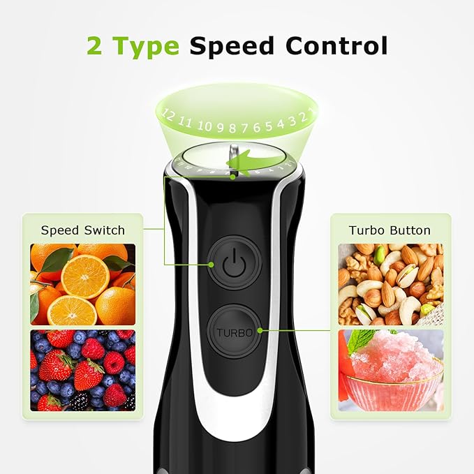 Bonsenkitchen 4-in-1 Immersion Blender Handheld with Food Processor 12 Speeds Hand Blender with Turbo Mode Stainless Steel Blade Egg Whisk Beaker &amp Chopper Bowl Stick Mixer for Smoothie Pure