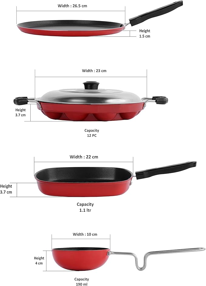 Sumeet 2.6mm Thick Non-Stick Marpo Cookware set (Dosa Tawa – 26.5cm Dia + Grill Appam Patra With Lid – 23cm Dia + Grill Appam Patra With Lid – 23cm Dia + Tadka Pan – 10cm Dia)