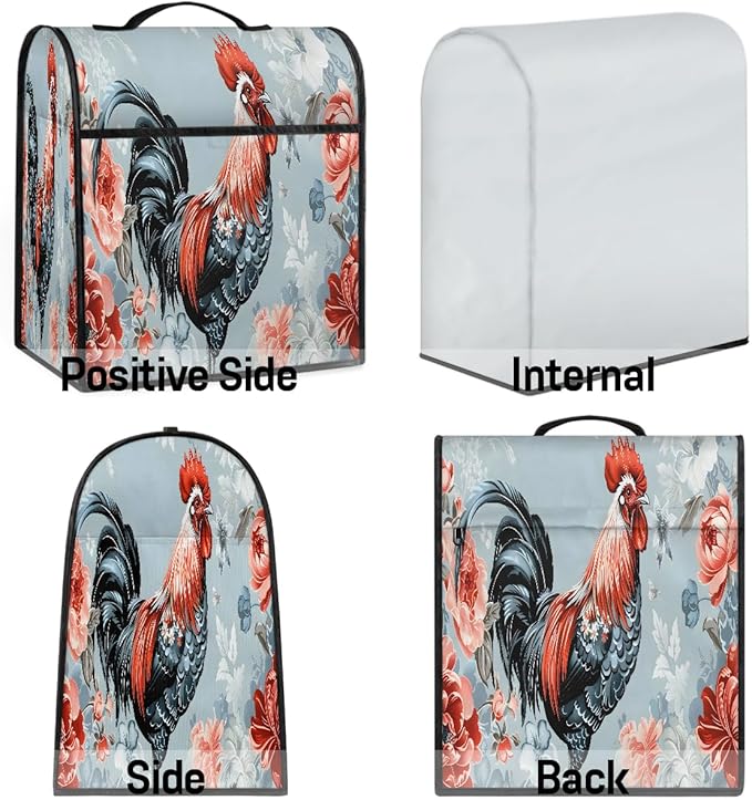 Kitchen Aid Mixer Cover Watercolor Rooster Chicken Floral Stand Mixer Cover Compatible with 6-8 Quarts Stand Mixers Dust Covers with Zipper Pocket Foldable Washable Kitchen Aid Organizer Bag