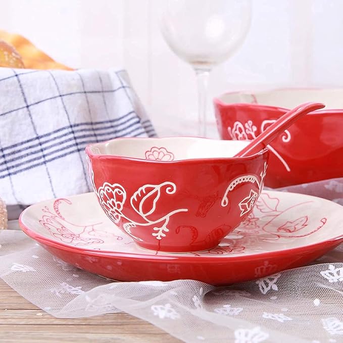 Dinnerware Set Dinnerware Sets 28-Piece Household Plates Set &amp Dishes Set Ceramic Dinnerware Set Red Matte Porcelain Dinner Plate Sets