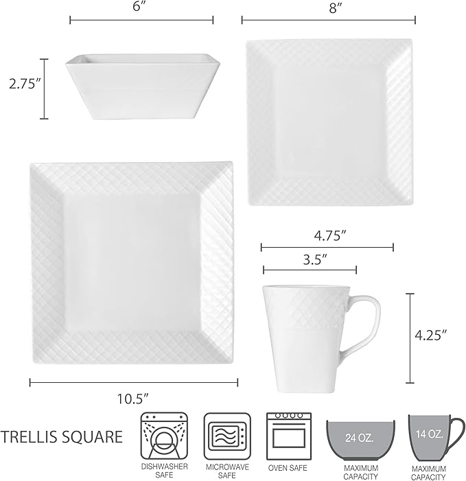 Trellis White Square 16 Piece Dinnerware Set Service For 4