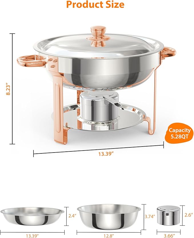 Superior 5QT Round Stainless Steel Chafing Dishes Buffet Set – Glass Lids Spoon &amp Tweezers Food Warmer Server for Catering &amp Events Rose Gold – 6-Pack 6-Piece Set