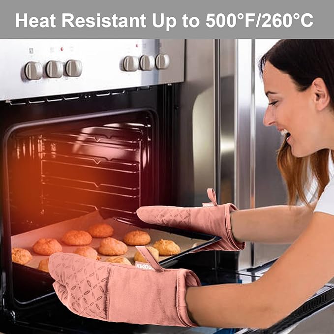 KEGOUU Oven Mitts and Pot Holders 6pcs Set Kitchen Oven Glove High Heat Resistant 500 Degree Extra Long Oven Mitts and Potholder with Non-Slip Silicone Surface for Cooking (Pink)