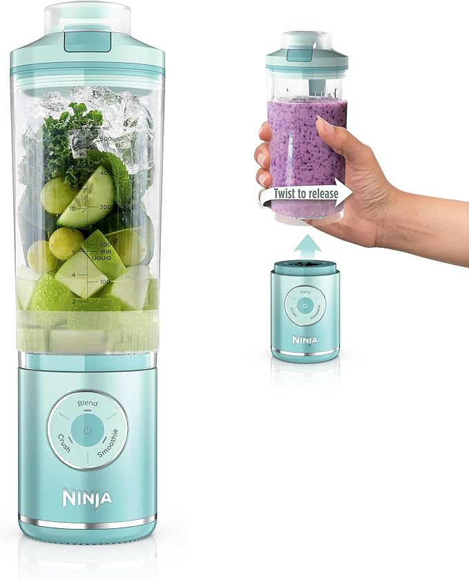 Ninja Blast Max Portable Blender + Twist &amp Go Personal Smoothie Blend Ice Crush 3 Programs Cordless 22oz removable Vessel Dishwasher Safe Leakproof Sea Glass BC251MT