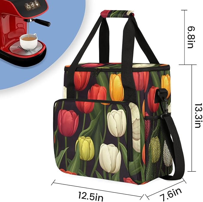 Flower Tulip Theme Coffee Maker Travel Bag for Keurig K-Mini/K-Mini Plus Insulated Waterproof Tote with Pockets for K-Cup Portable Single-Serve Brewer Case