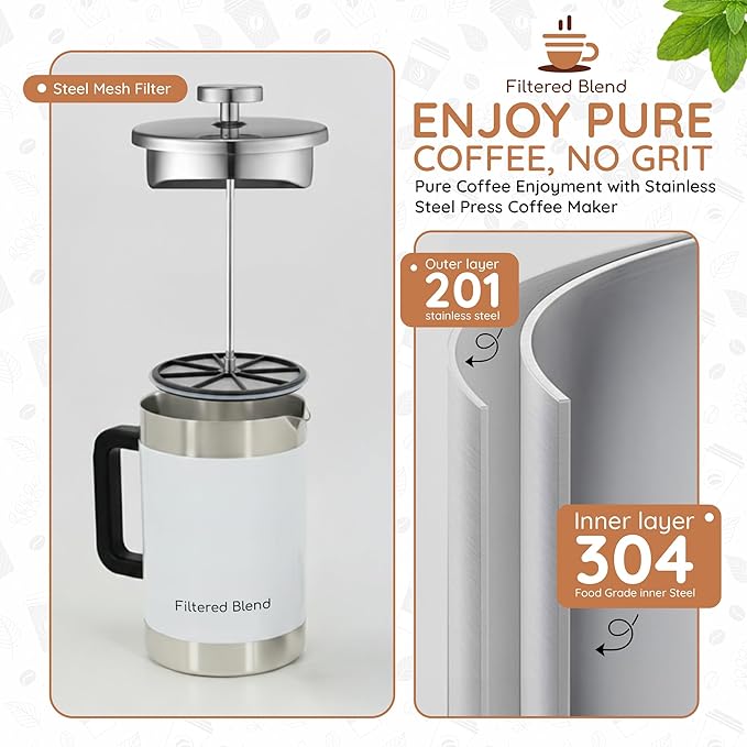 1.6L French Press Coffee Maker 54oz Large Capacity French Press Stainless Steel Brewer with Double Filter Mesh for Kitchen Travel Camping Hot &amp Cold Brew Coffee Maker Gifts (White)