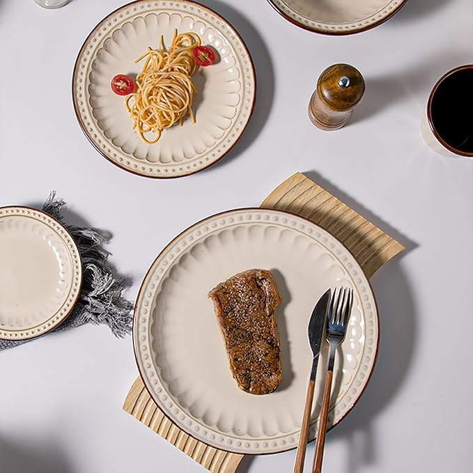 Vintage Ceramic Dinnerware Sets for 4 Farmhouse Style 20-Piece Plates and Mugs Beige Brown Rustic Embossed Stripe Design Dishwasher Microwave Safe