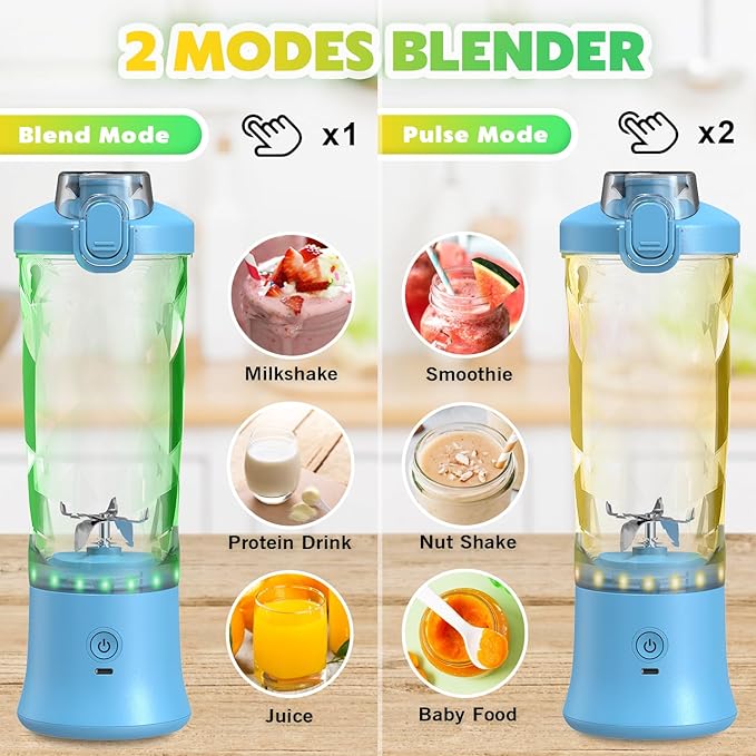 Portable Blender Personal Juicer for Shakes and Smoothies - 20 OZ Electric Protein Shaker Bottle with Insulated Sleeve Travel Lid USB-C Rechargeable - Mini Small Blender Cup for Kitchen Office Gym