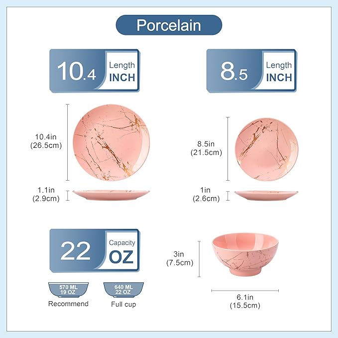 LOVECASA Pink Dinnerware Sets for 4 12 Piece Porcelain Plates and Bowls Sets Gold Splash Dish Set Modern Ceramic Dinner Set Dishwasher Microwave Safe