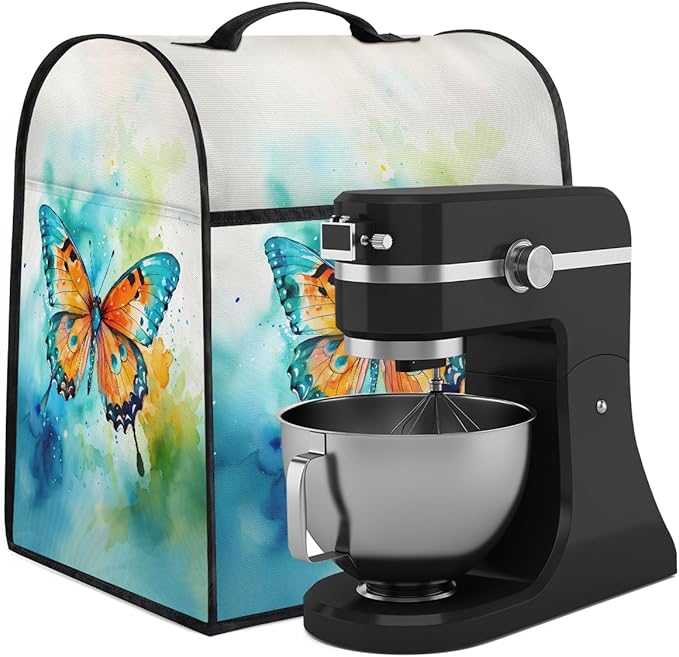 Kitchen Aid Mixer Cover Watercolor Butterfly Animal Stand Mixer Cover Compatible with 6-8 Quarts Stand Mixers Dust Covers with Zipper Pocket Foldable Washable Kitchen Aid Organizer Bag
