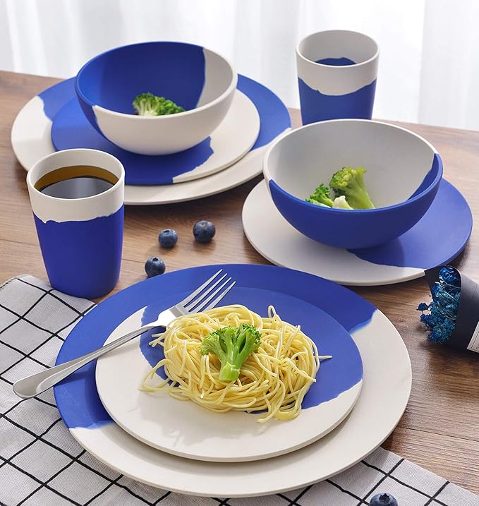 MORGIANA Bamboo Dinnerware Set 8-Pieces Reusable Tableware Set Eco-Friendly Plates Cups Bowls for Camping Picnic Outdoor Party (blue &amp white)