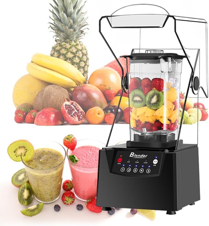 Professional Smoothie Blender 2200W Commercial Soundproof Quiet blender with Soundproof Shield for Crushing Ice MilkShakes Puree Self-Cleaning220V