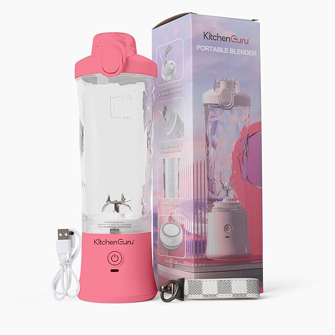 Elite Rechargeable Travel Blender: 240W Personal Smoothie Maker with 6-Leaf Blade 600ml Capacity and Innovative Pop-Up Design for Easy Portability - For Home or On the Go (Pink)