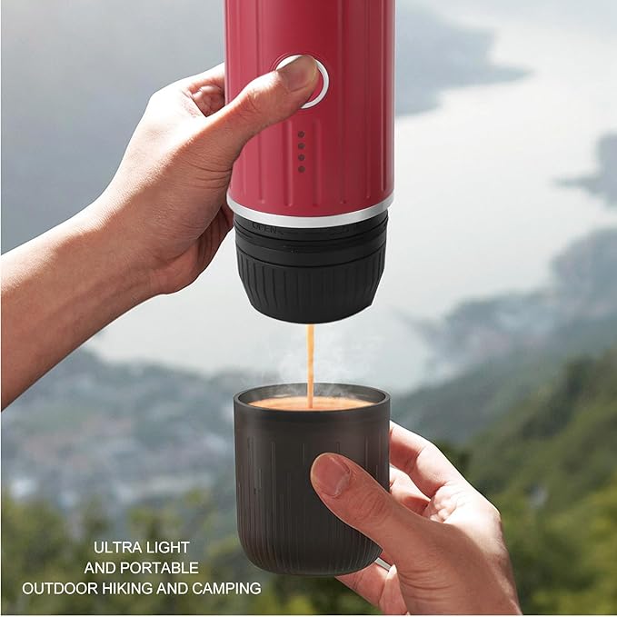 Portable Electric Espresso Machine Self-Heating Automatic Extraction 80ml Mini Coffee Maker for Camping/Travel/RV/Hiking/OfficeUSB-C &amp Car Charger(Black)(Red)