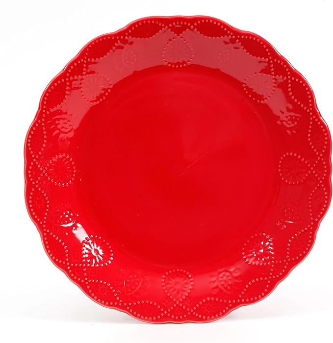 Cowgirl Lace 12-Piece Dinnerware Set – Service for 4 Durable Stoneware Scalloped Edges Dishwasher &amp Microwave Safe (Red)