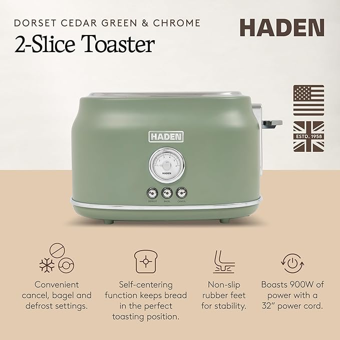 Haden Dorset 2 Slice Wide Slot Stainless Steel Toaster with Adjustable Browning Control &amp Non Slip Feet Cedar Green &amp Chrome