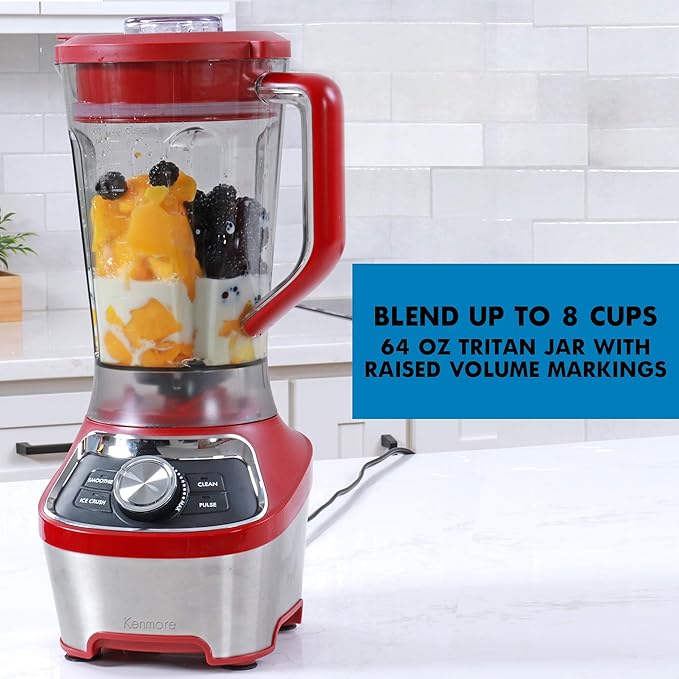 Kenmore Countertop Blender – Electric Mixer for Smoothies Ice Crush &amp Pulse Function Heavy Duty Tritan plastic Pitcher licuadora With 6 Speed Kitchen Appliance Dishwasher-Safe Jar Red