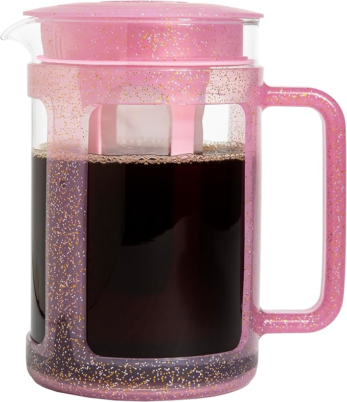 Paris Hilton Cold Brew Coffee Maker Durable 1.6 Quart Borosilicate Glass Carafe with Stainless Steel Filter Glitter Pink 38 oz