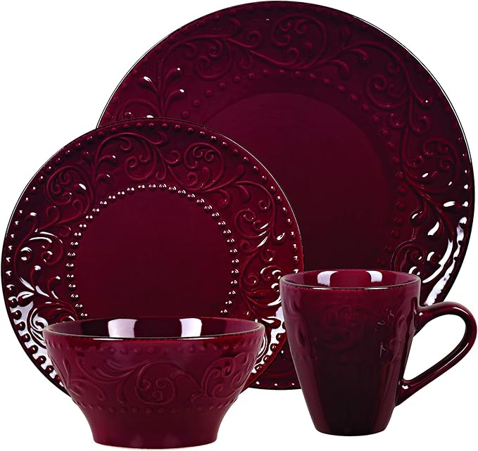 Lorren Home Trends 16 Piece Stoneware Scroll Dinnerware Set-Red