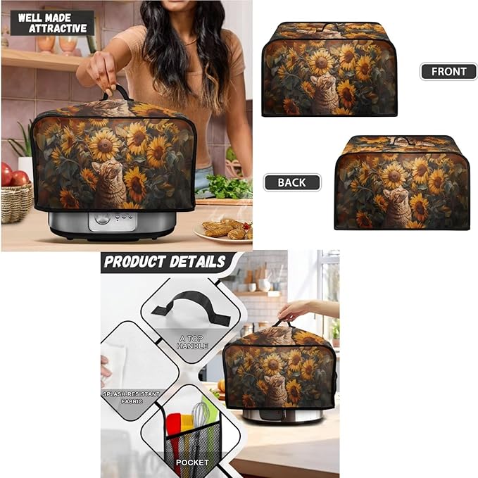 Sunflower Cat 4 Slice Toaster CoverBread Toaster Oven Dust Cover Kitchen Bakeware Protector Blender Cover Slow Cooker Cover Anti Fingerprint Kitchen Decorations (Orange)