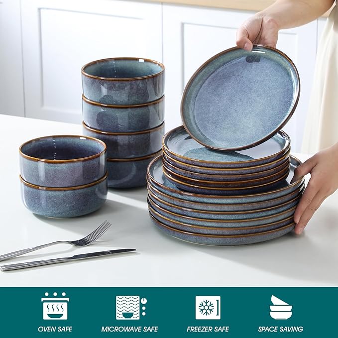 vancasso PLAYA Plates and Bowls Sets 18 Pieces Grey-Blue Dinnerware Sets for Kitchen Reactive Glaze Dishes Set for 6 Dishwasher and Microwave Safe