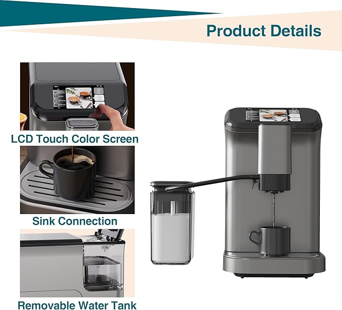 20Bar Dual Boiler Espresso Machine Self-Cleaning Auto Coffee Maker with LCD Touch Control Fast Heat-Up &amp Quiet Operation for Home Office Apartments Parties (Grey)