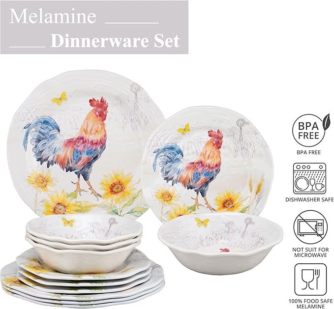 UPware 12 Piece Sunshine Rooster Melamine Dinnerware Sets Outdoor Dishes Set Plates and Bowls Sets Service for 4 Multicolor