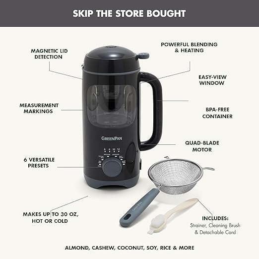 GreenPan Nut Milk Maker 15-in-1 Homemade Soy Almond Oat Coconut Non-Dairy Rice Soup Baby Food BPA-Free Smooth Creamy Texture Self Clean Barista Quality Milk Delay Start Boil Water Gray