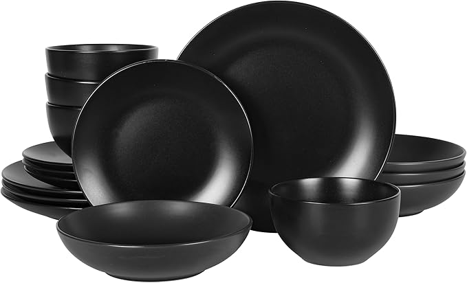 Gibson Home Queenslane 16-Piece Matte Black Stoneware Dinnerware Set – Double Bowl Plates and Bowls Durable Kitchen Dinner Set