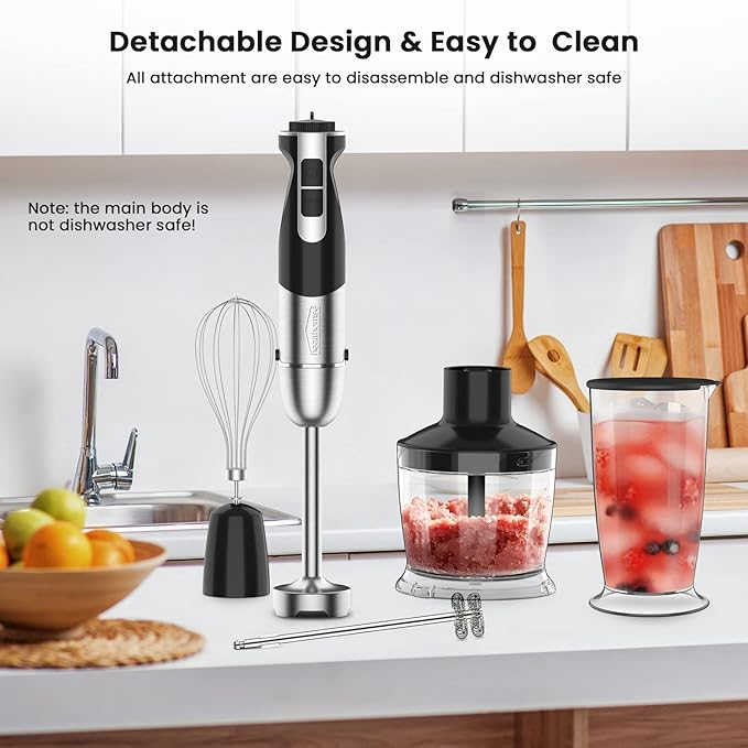 healthomse 5-In-1 Immersion Blender 800W 12-Speed Stainless Steel Hand Blender with Milk Frother Egg Whisk BPA-Free 500ml Chopper and 700ml Beaker with Lid for Soup Smoothie Baby Food