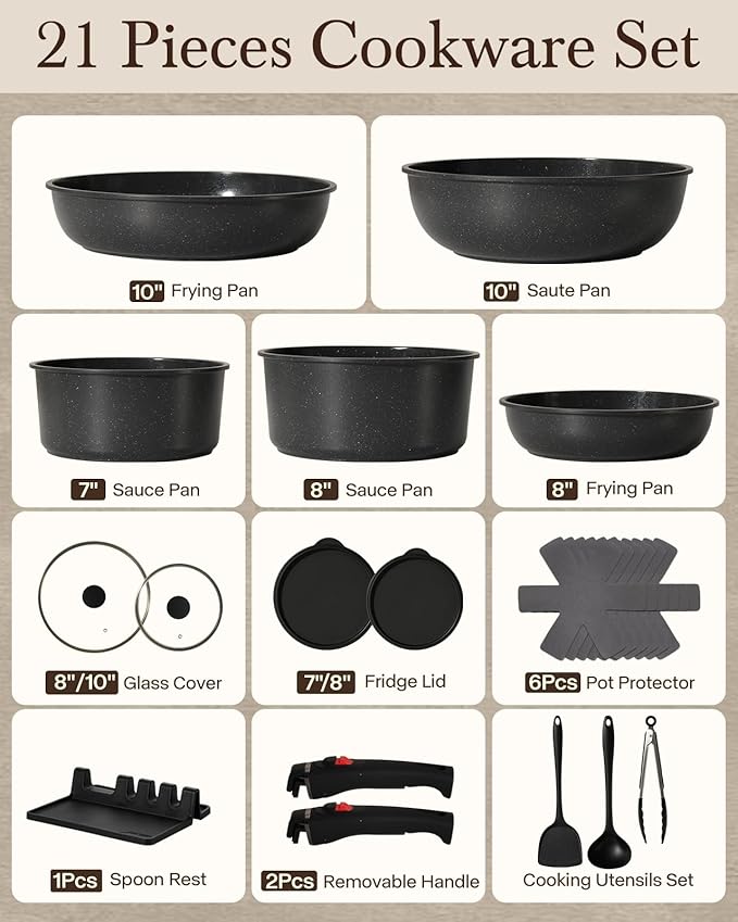 21Pcs Ceramic Pots and Pans Set Non Stick Kitchen Cookware Set with Detachable Handles Non Toxic Healthy Cooking Set Induction Dishwasher Oven Safe PTFE PFOA PFOS Free Black