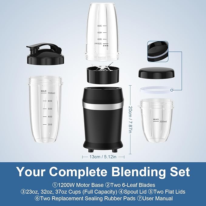 12-Piece Smoothie Blender Maker 25000 RPM Personal Blender for Ice Crushing Smoothies &amp Frozen Drinks Nuts with 23oz 32oz 37oz Portable Cups Two 6-Leaf Stainless Steel Blades Matte Black