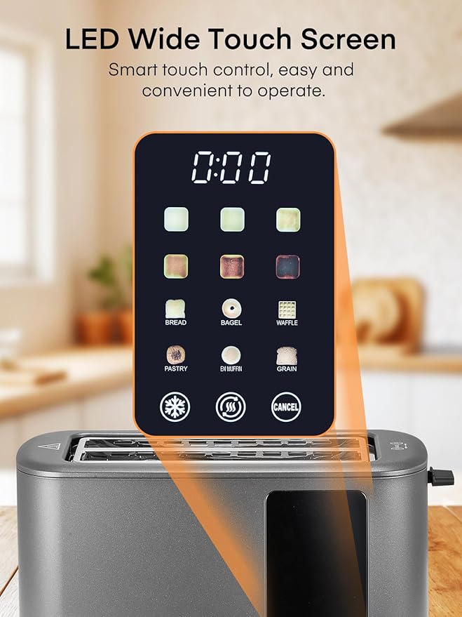 4 Slice Toaster Touch Screen Control Long Extra Wide Slots Smart Bread Toaster 6 Bread Types &amp 6 Shade Settings Stainless Steel with Removable Tray Cancel/Defrost/Reheat Function Grey