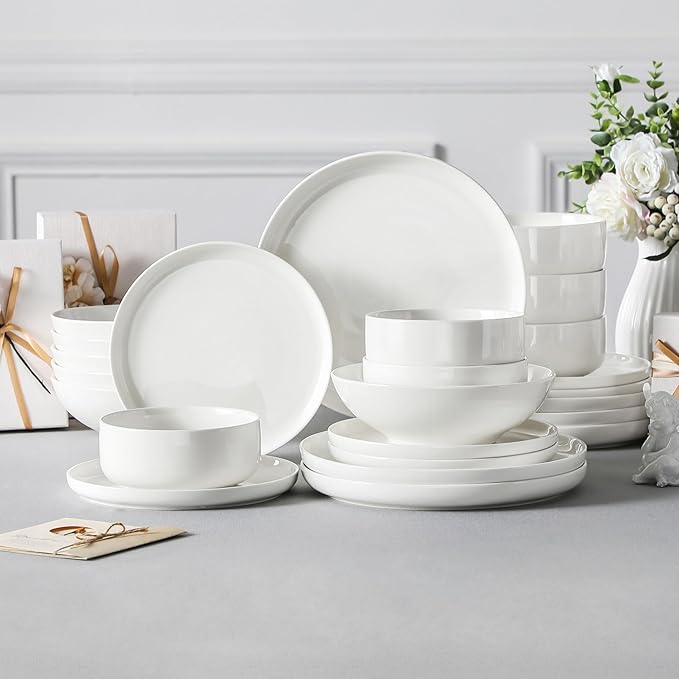 MALACASA Plates and Bowls Sets 24 Pieces Modern Porcelain Dinnerware Set for 6 Ceramic Dishware Dishes White Kitchen Dinner Dining Ware Set Microwave and Dishwasher Safe Series LUNA