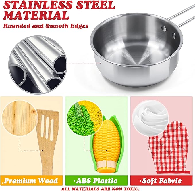 Kids Pretend Play Kitchen Toys Accessories Set 32 Items Stainless Steel Toy Pots and Pans Sets w/ Rack Organizer Metal Cooking Utensils &amp Apron Play Food w/ Basket for Kids Girls Boys Toddlers