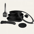 Nonstick Cookware Set with Detachable Handle 3 Pans Glass Lid Spatula Trivet Space-Saving Stackable Design (7pcs Black)