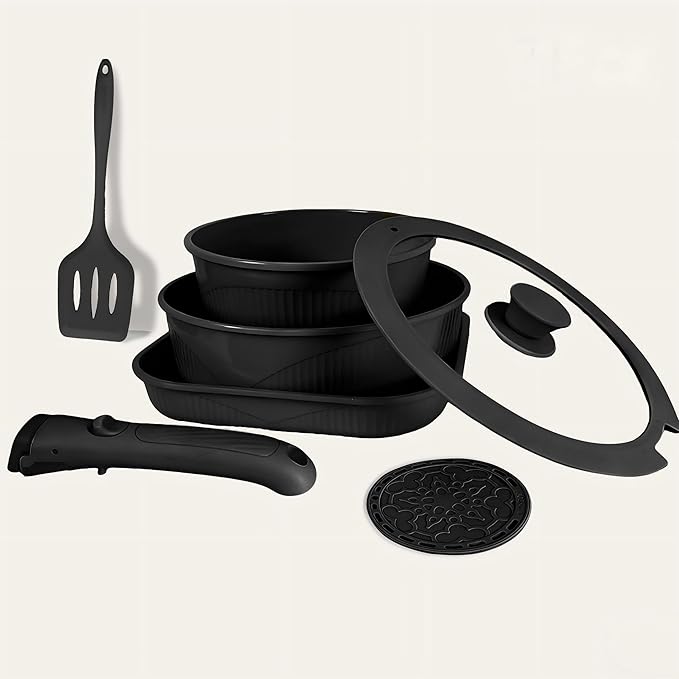 Nonstick Cookware Set with Detachable Handle 3 Pans Glass Lid Spatula Trivet Space-Saving Stackable Design (7pcs Black)