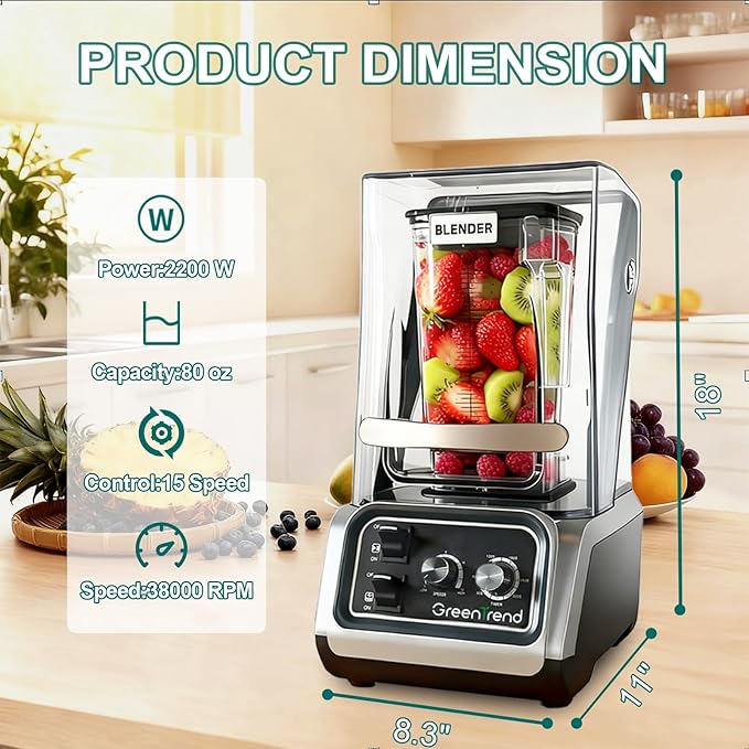 2200W Commercial Blender with Soundproof Enclosure | 80oz BPA-Free Jar | Self-Cleaning &amp Ice Crush Pro | Quiet Smoothie &amp Shake Maker for Restaurants Kitchens Cafes Smoothie Bars