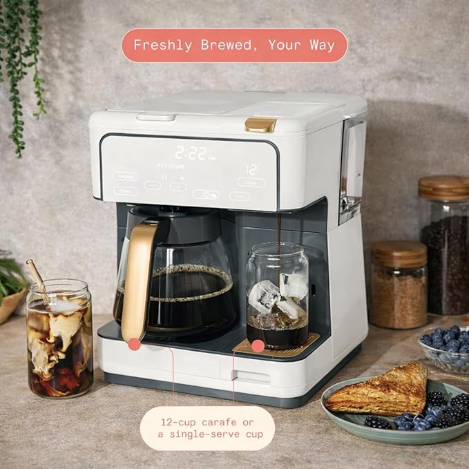 Multi Brew Coffee Maker with Single Serve and Carafe Brewing Options for Countertop Home Use (White Icing)