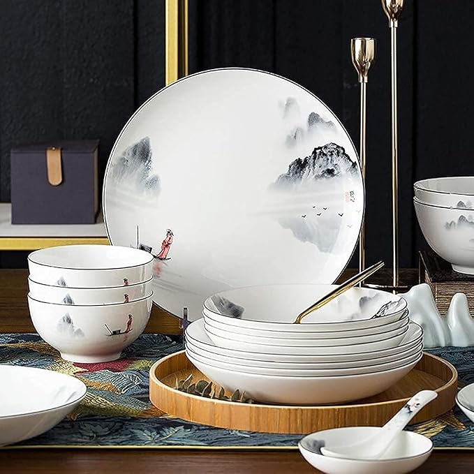 Black and White Plates and Bowls SetChinese Dinner SetDish Set/Tableware SetChinese Ancient Ink Painting Design Dinnerware Sets for 4/6-for HomeKitchen and Dinning18 Pieces
