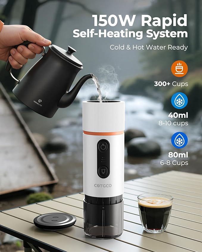 Portable Espresso Maker 20 Bar Self‑Heating &amp Auto-off | 13500 mAh Battery Brews 8 Shots | 12 V Mini Coffee Machine Compatible with Nespresso Original Pods | Car/Travel/Camping