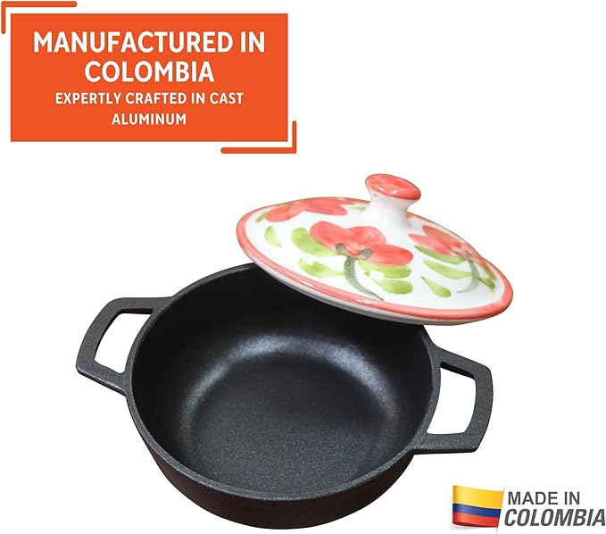 IMUSA 0.5qt Carmen de Viboral Cast Aluminum Nonstick Caldero 8pc Set with Floral Ceramic Lids (Drop Ship) Black - 14cm