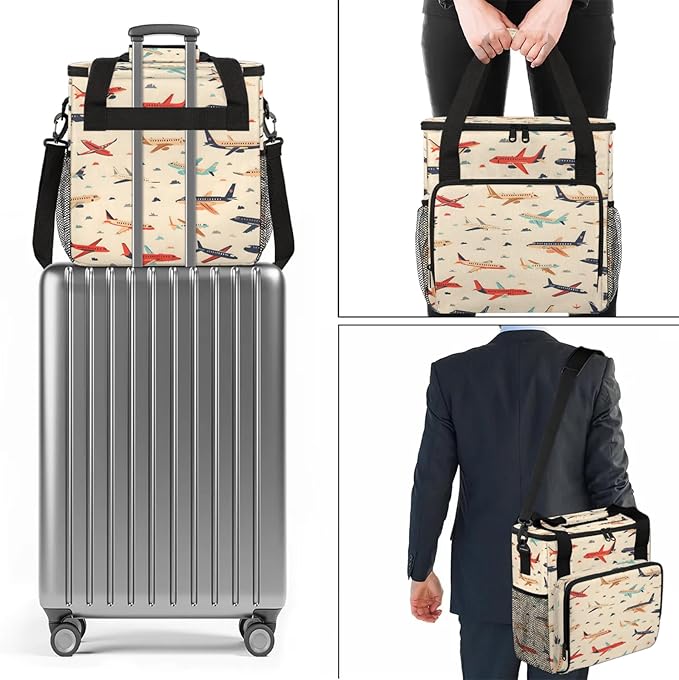 Cute Airplane Aircraft Coffee Maker Carring Bag Large Insulated Storage Organizer Case Tote Bags with Shoulder Strap for Travel Work Picnic